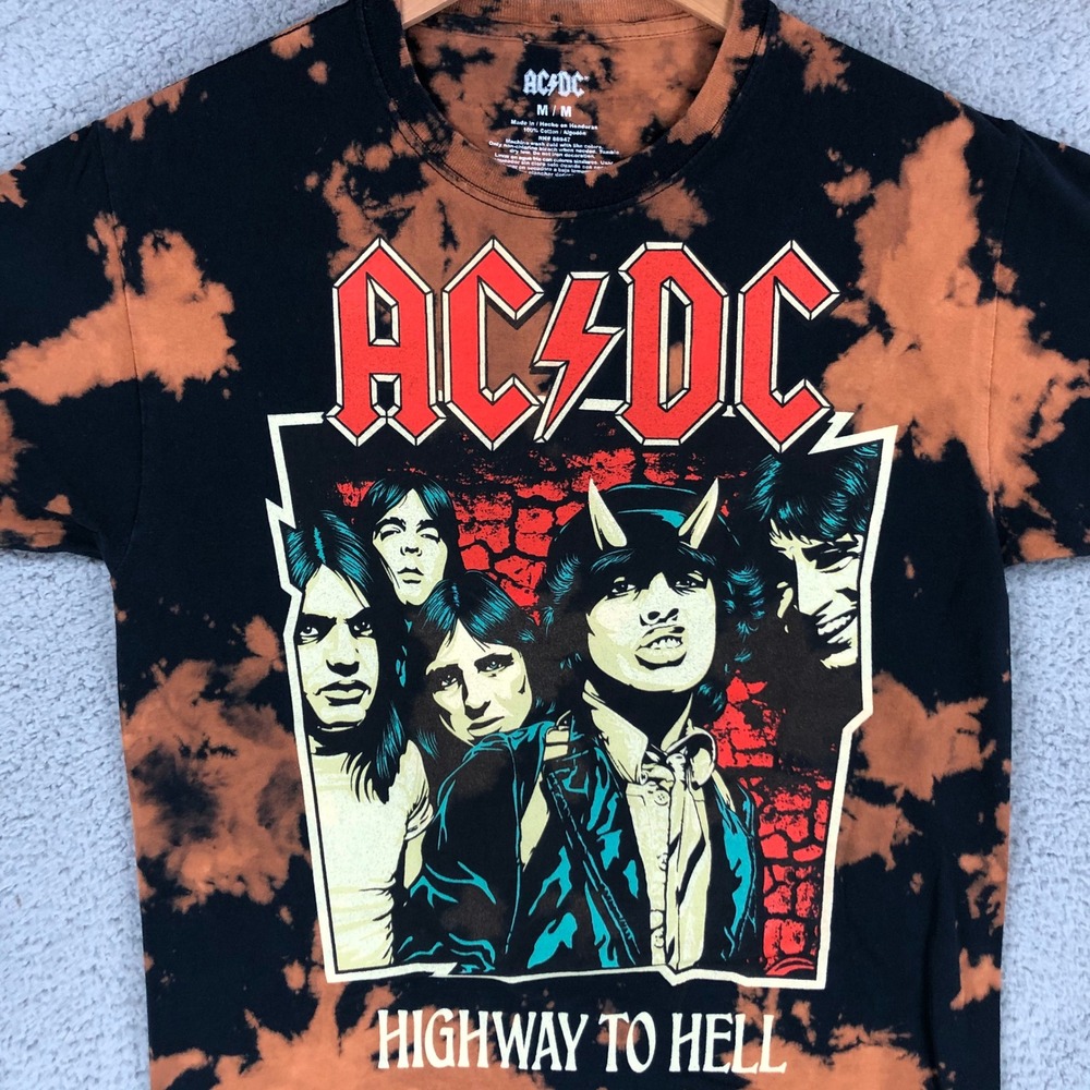 ACDC Highway to Hell T Shirt Mens Medium Black Orange Bleach Tie Dye Graphic Tee - Picture 2 of 6